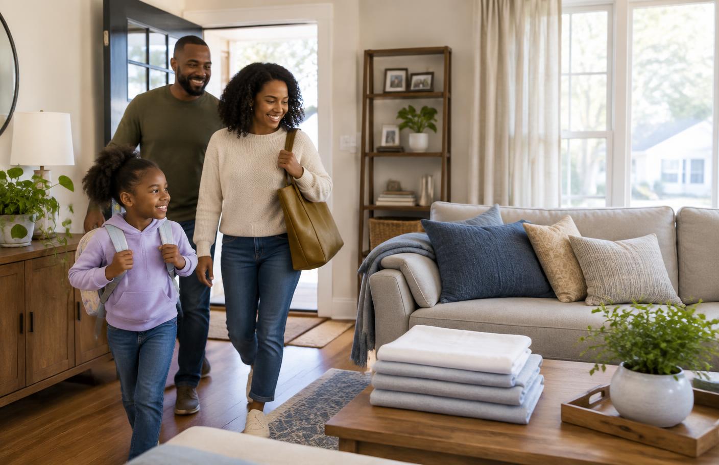 A family entering a clean, comfortable home after a thoughtful housekeeping reset.