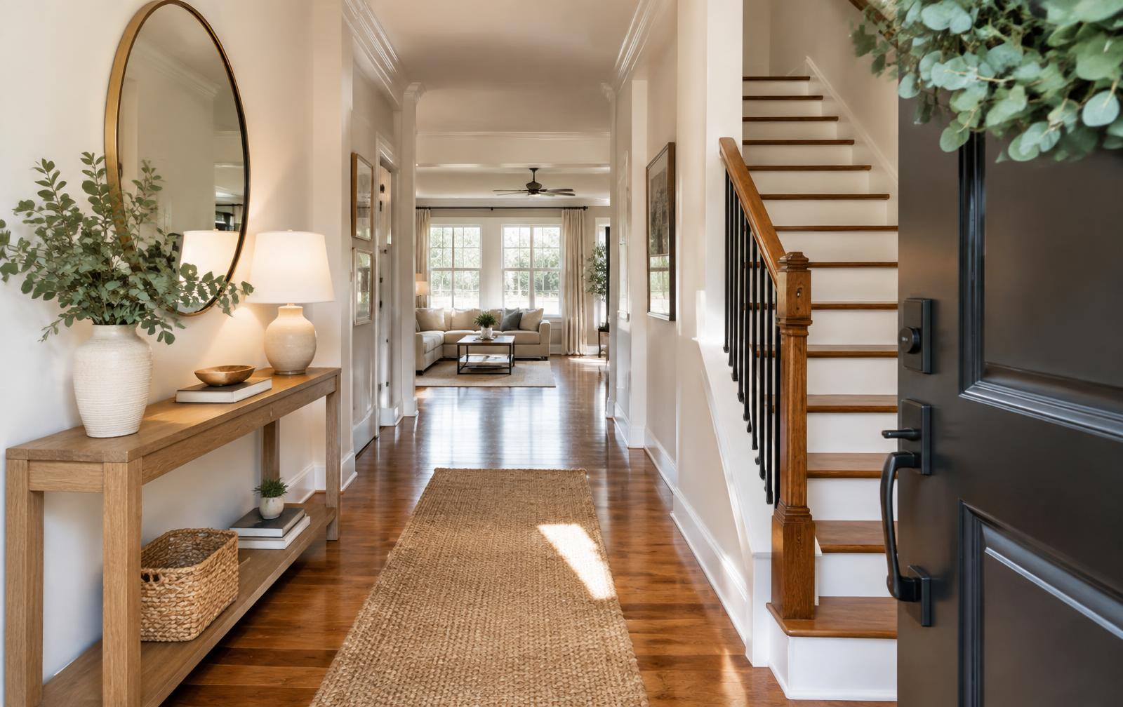 A warm, carefully maintained home entryway with clean floors and welcoming natural light.